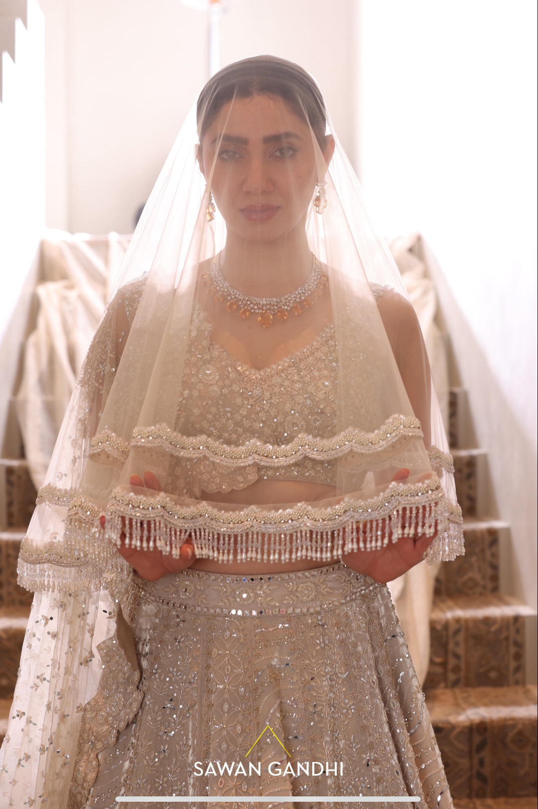 Mahira Khan in Gold beige beadwork lehenga
