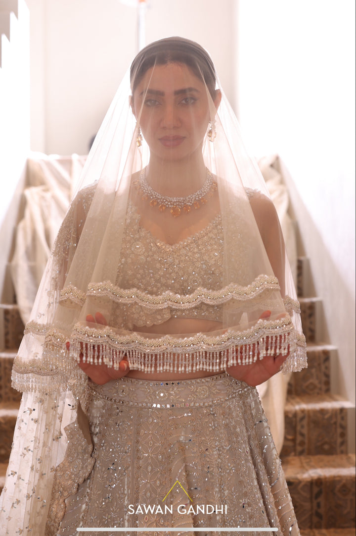 Mahira Khan in Gold beige beadwork lehenga