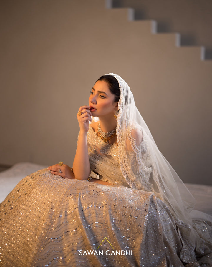 Mahira Khan in Gold beige beadwork lehenga