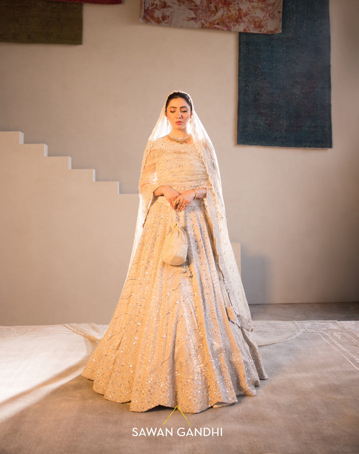 Mahira Khan in Gold beige beadwork lehenga