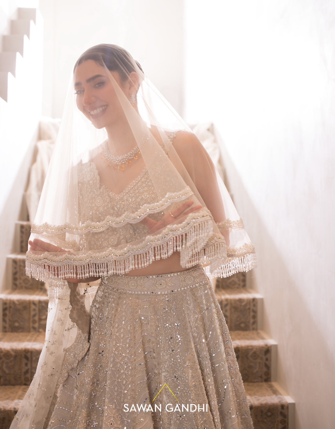 Mahira Khan in Gold beige beadwork lehenga