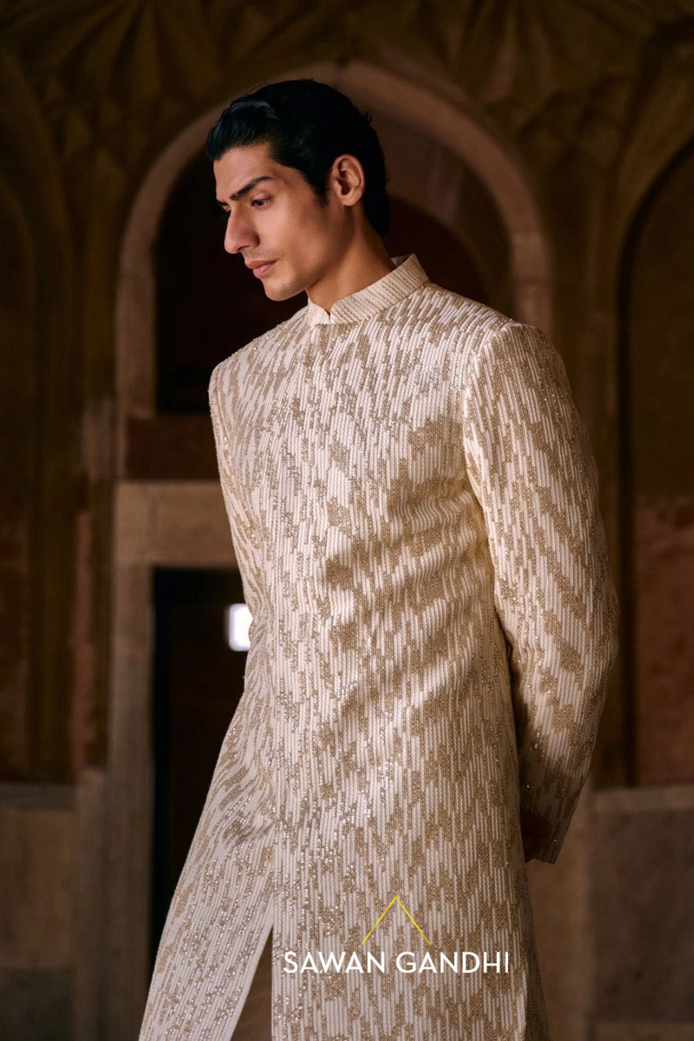 Ivory gold sequins sherwani set