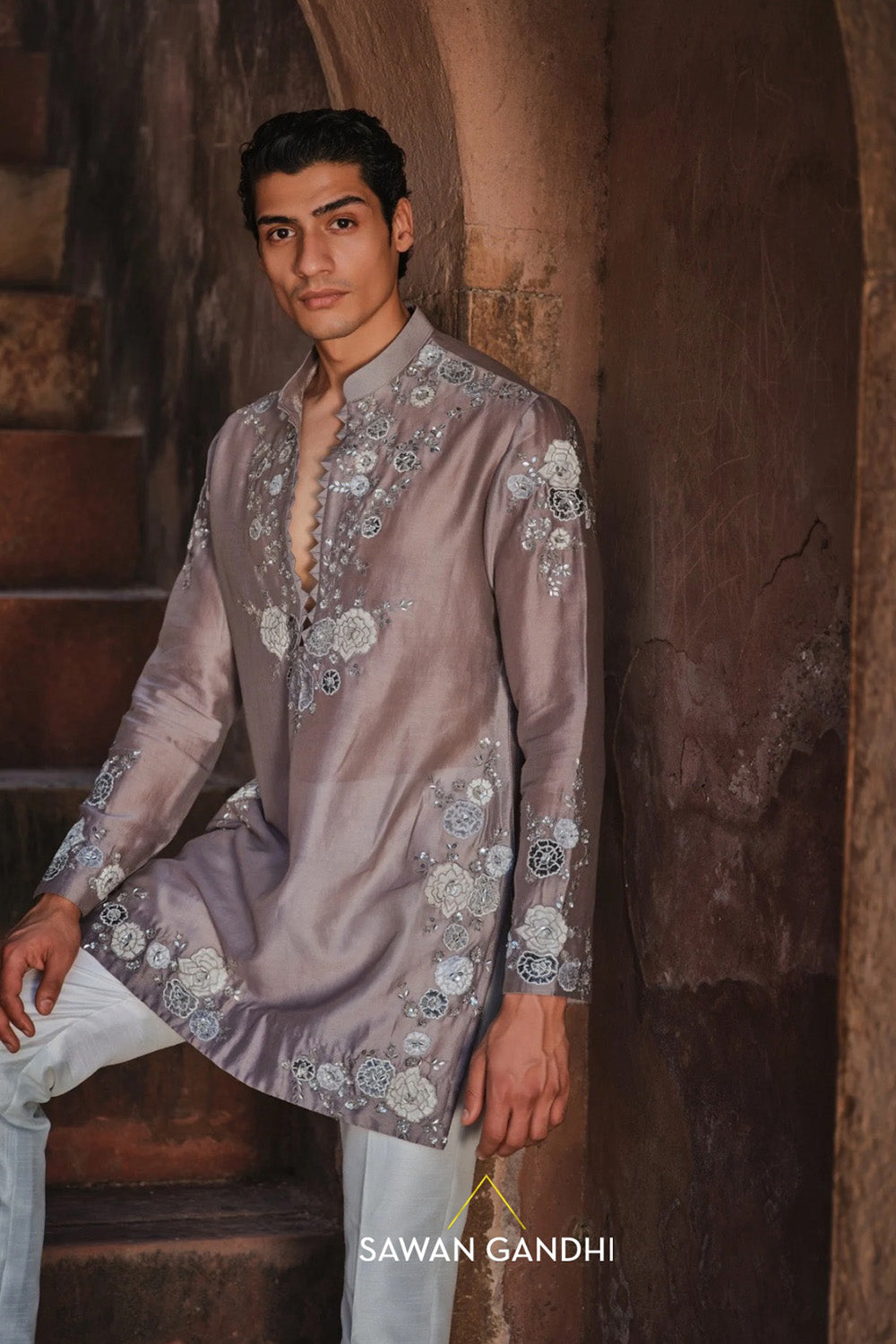 Taupe floral applique kurta set