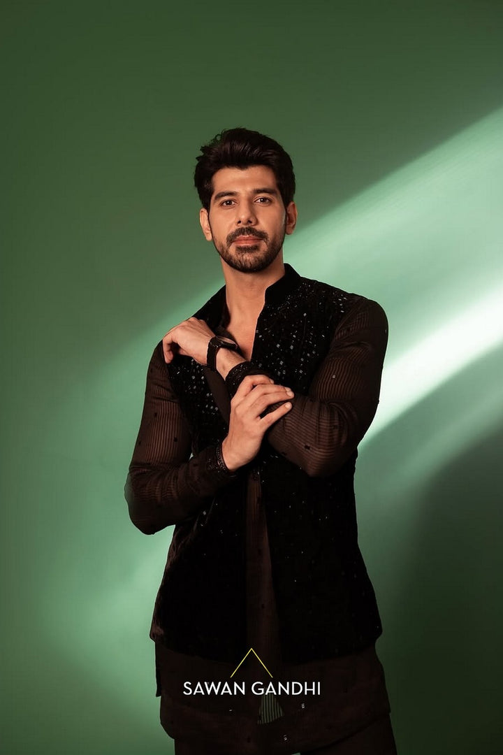 Pavail Gulati in Black Velvet Cutdana Nehru
