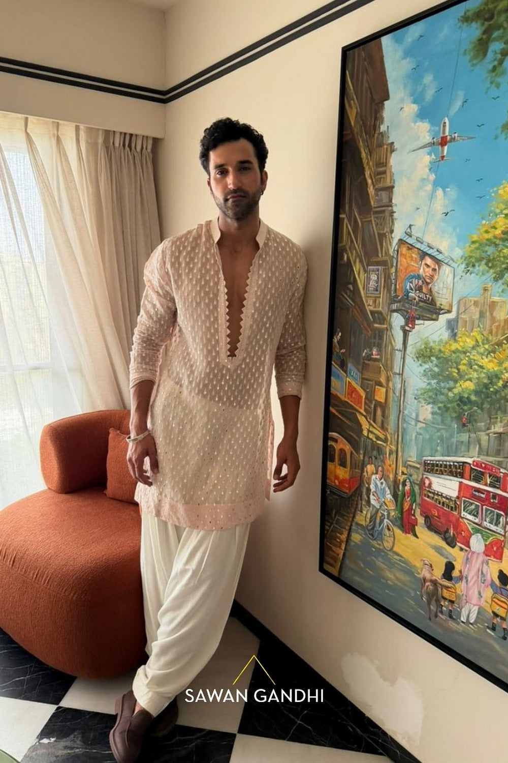 Gurfateh Pirzada in Light peach patra work kurta