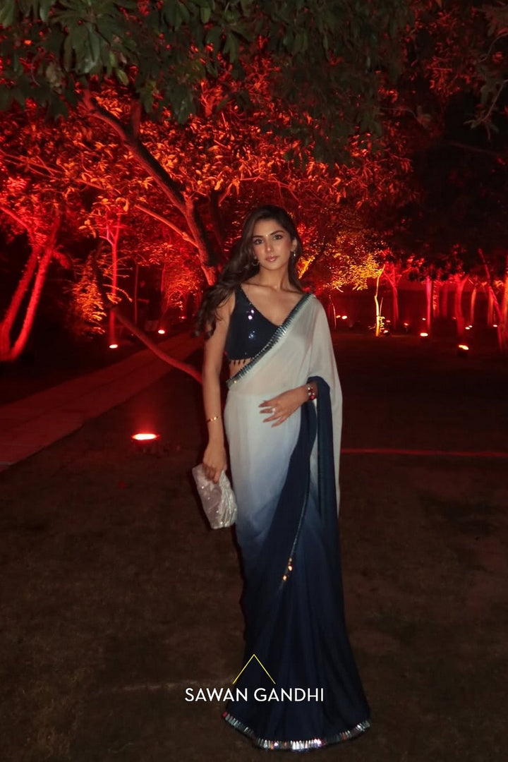 meher taluja in Blue ombre kashti border saree