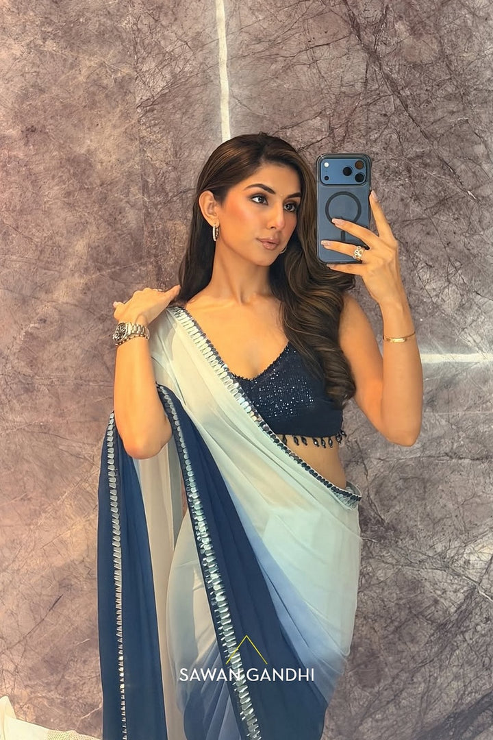 meher taluja in Blue ombre kashti border saree