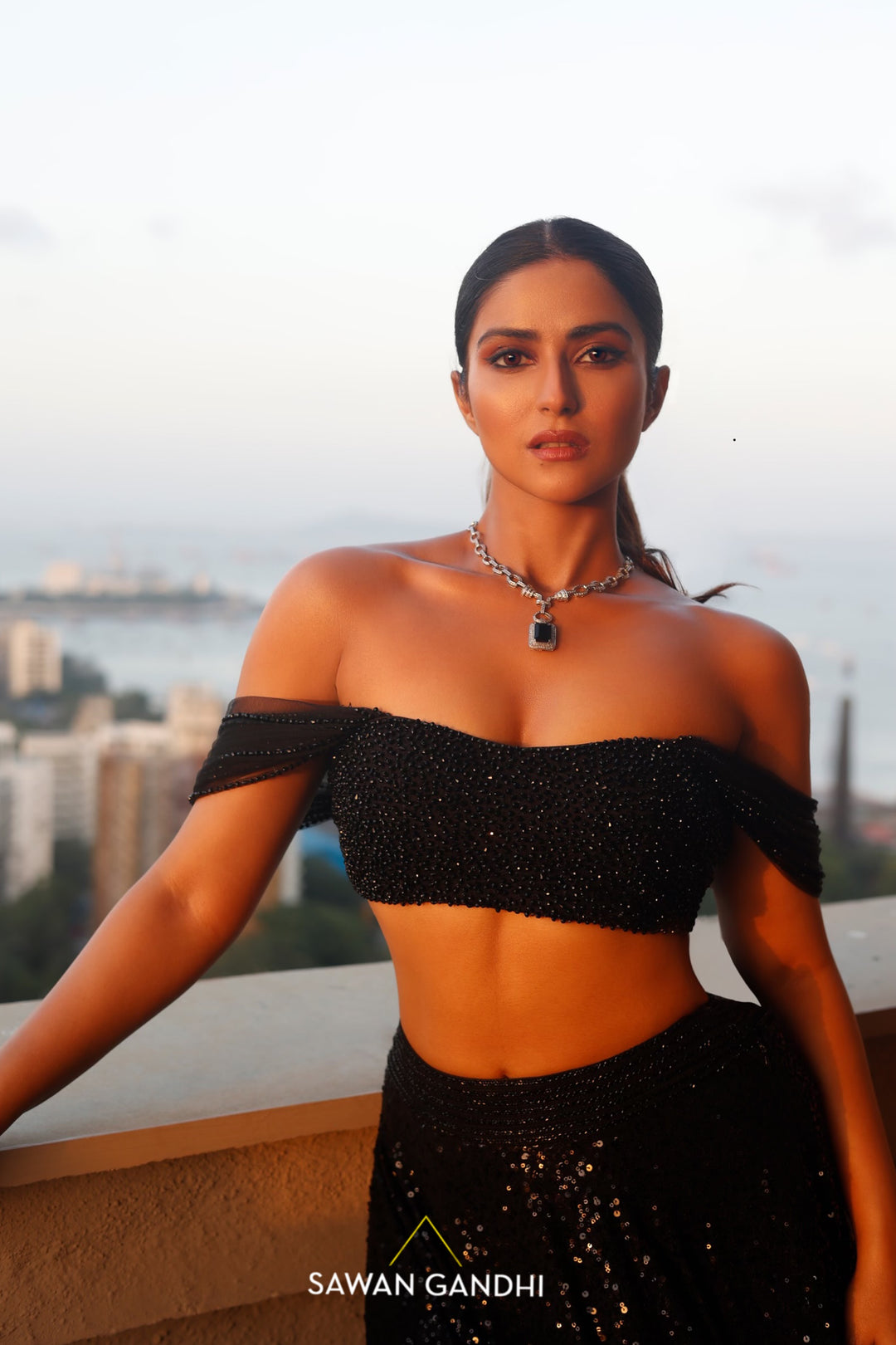 Pranutan bahl in Black sequins lehnga with crystal blouse