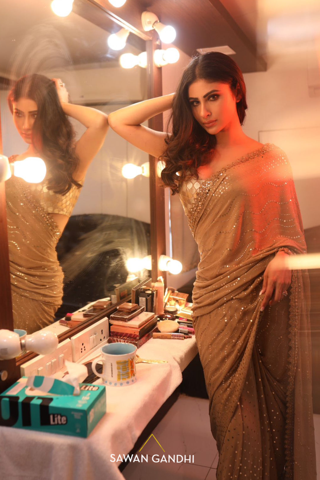Mouni Roy in Golden mukaish saree