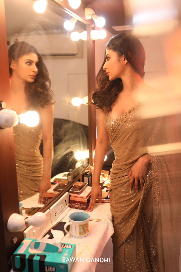 Mouni Roy in Golden mukaish saree