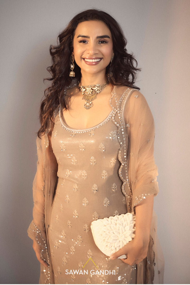 Patralekhaa In Taupe Sequins And Mirror Work Suit