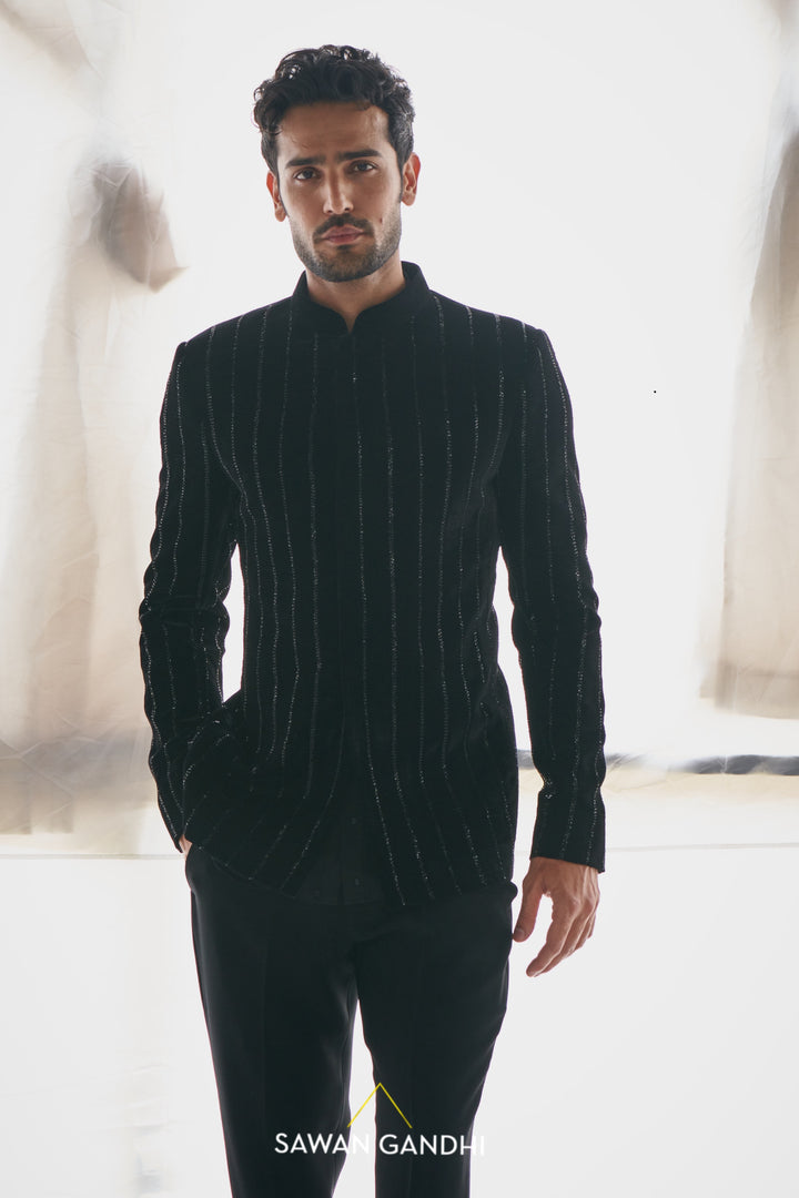 Black velvet cutdana stripe bandhgala