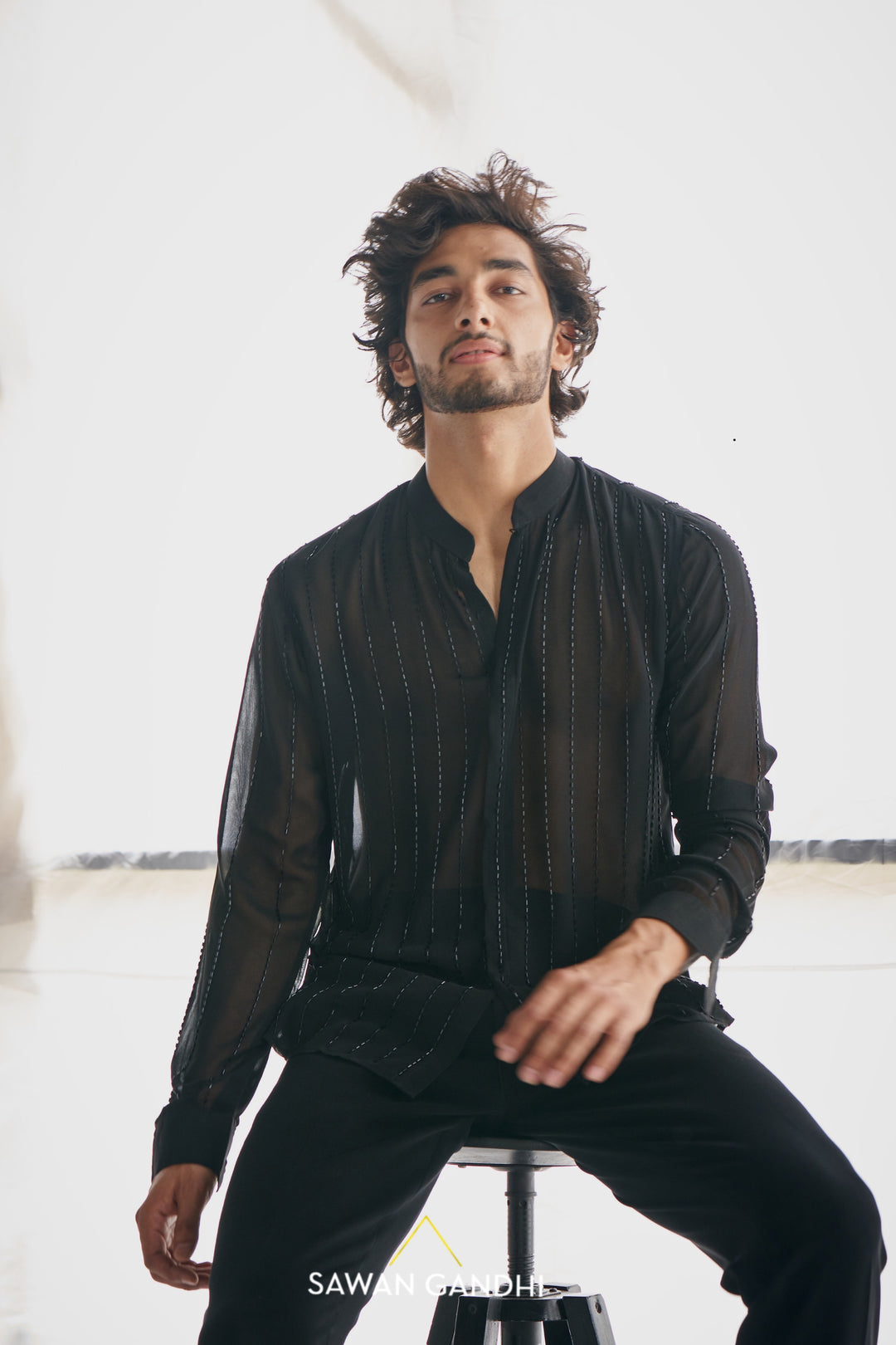 Black cutdana stripe shirt