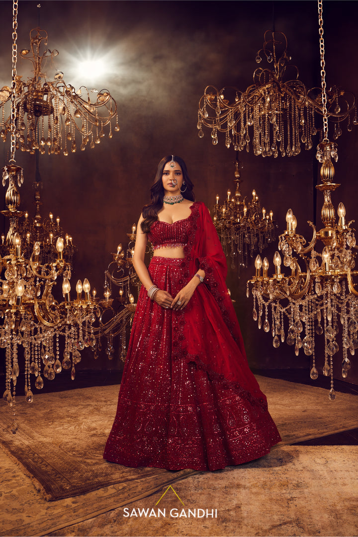 Crimson chickankari lehenga