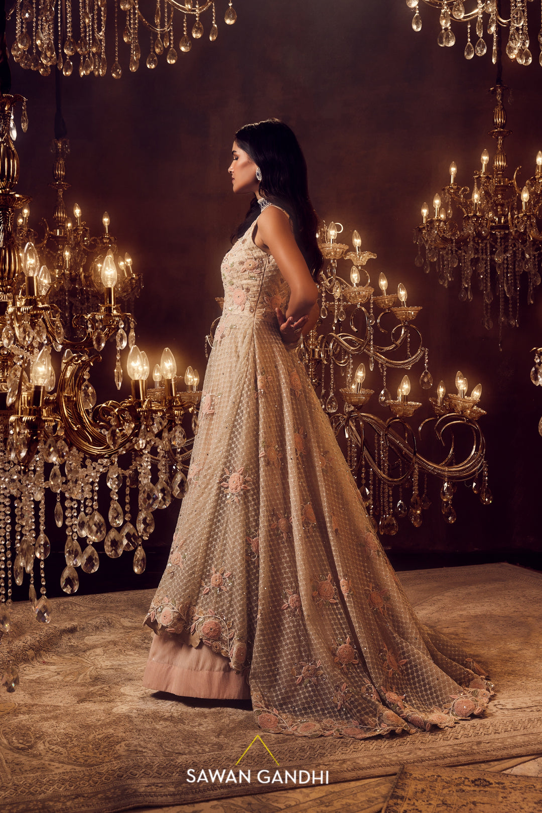 Ivory pink appliqué cape and lehenga set