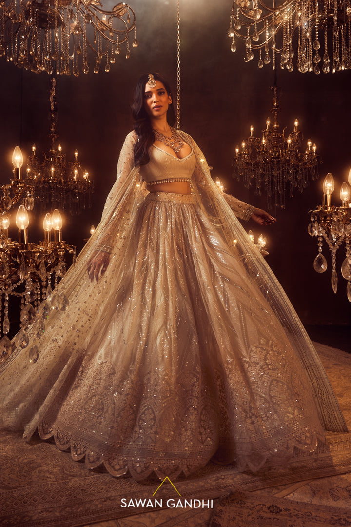 Bone beige cape jacket and lehenga set
