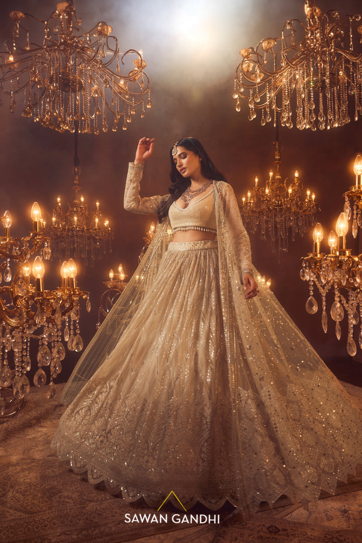 Bone beige cape jacket and lehenga set