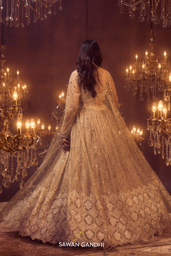 Bone beige cape jacket and lehenga set