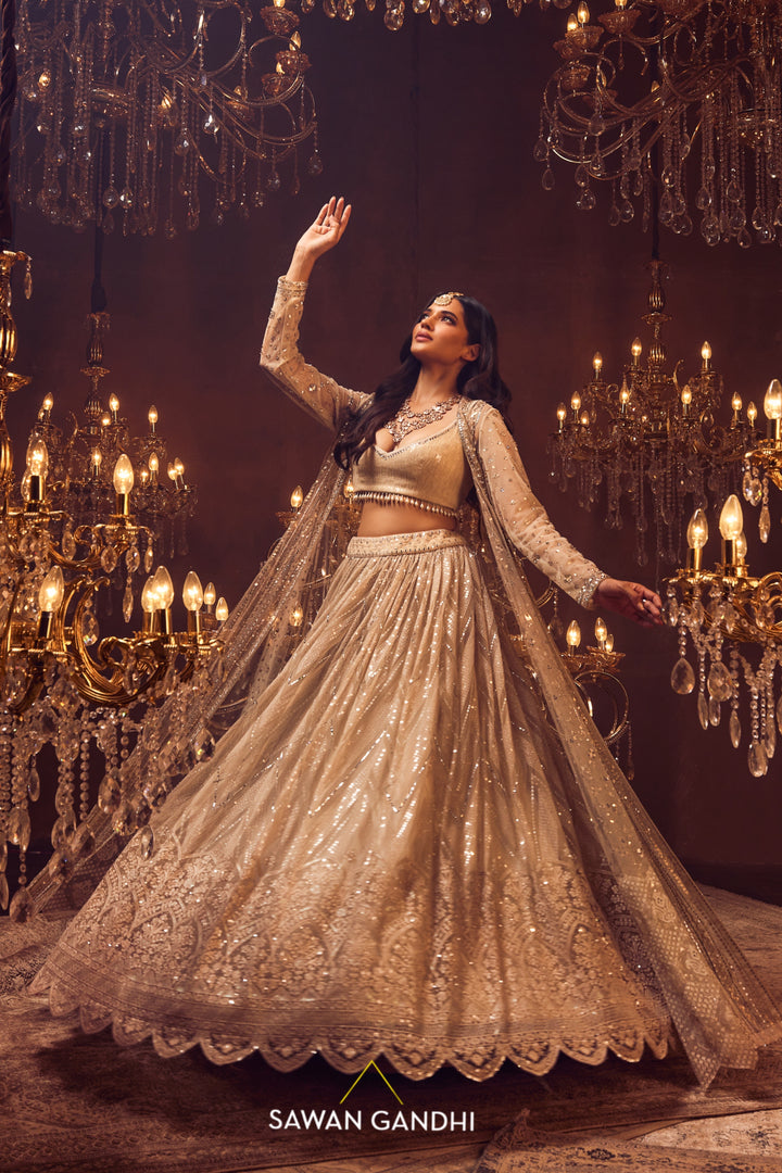 Bone beige cape jacket and lehenga set