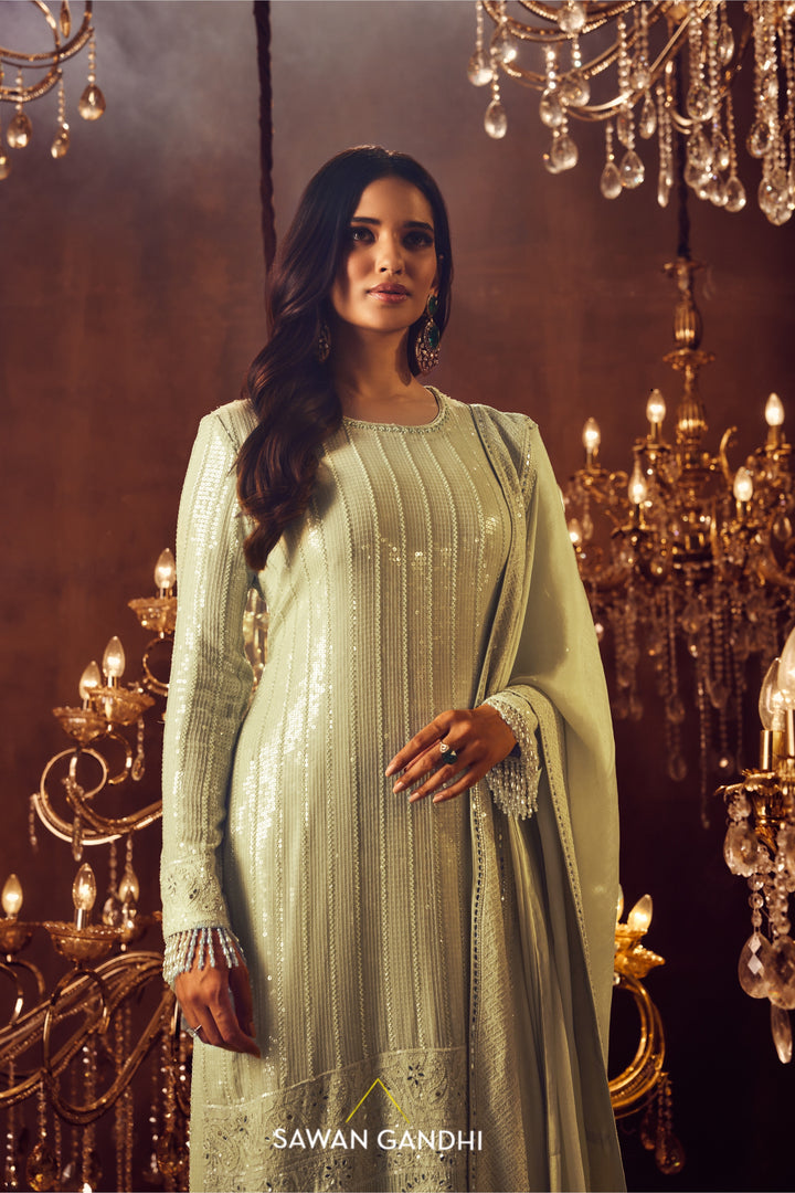 Mint green paani sequins chikankari border suit