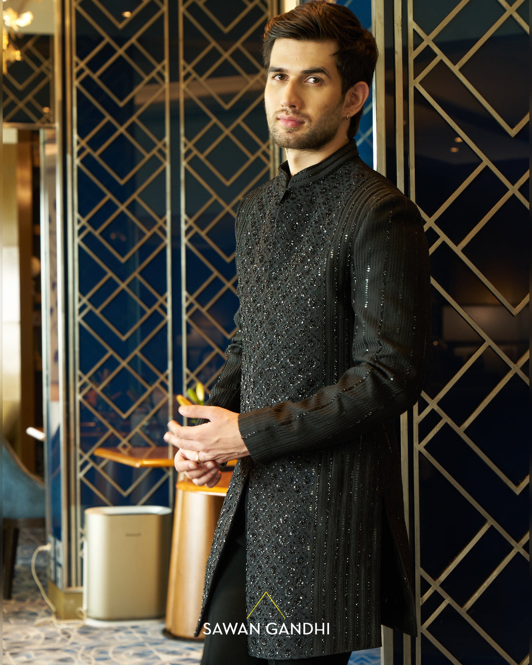 Black Chikenkari sherwani
