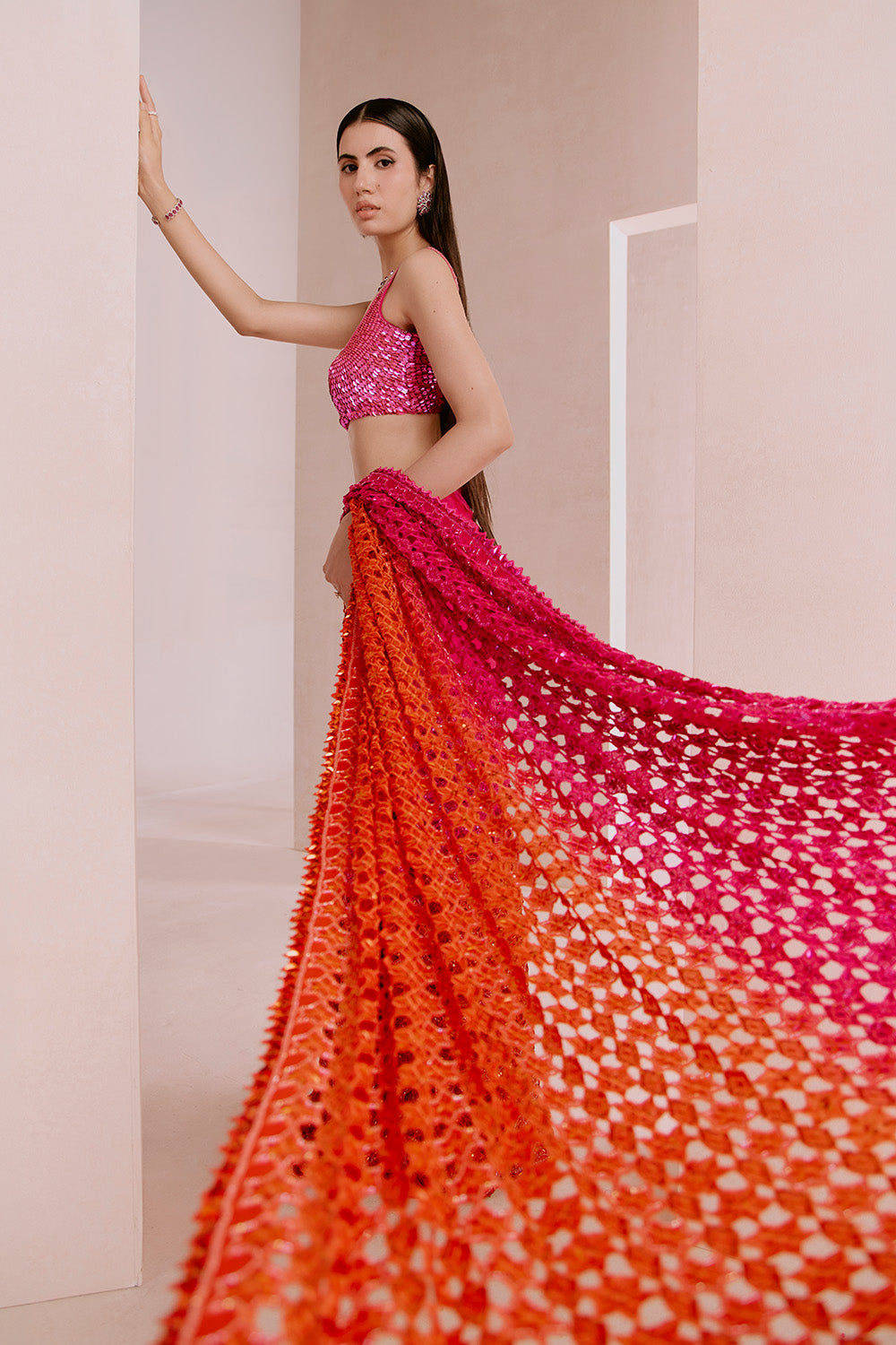 pink to orange cutwork saree set