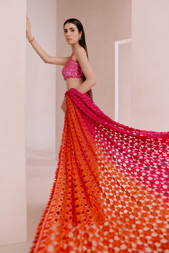 pink to orange cutwork saree set