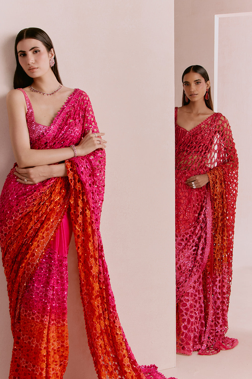 red to pink cutwork saree set