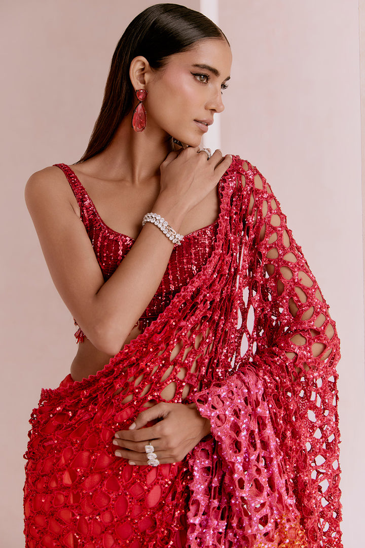 red to pink cutwork saree set