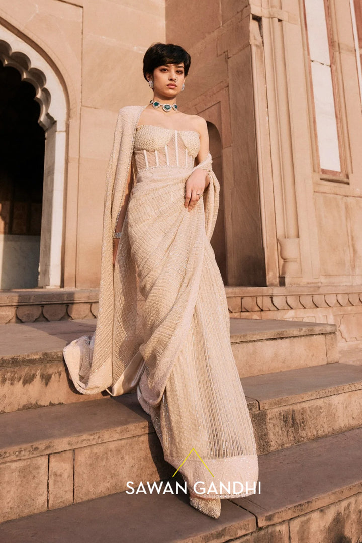 Ivory Chikankari Border Ghicha Saree