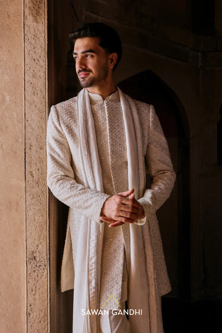 Ivory cutdana and sequin sherwani