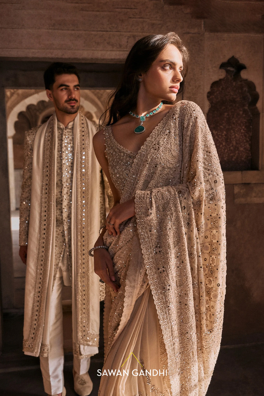 Ivory chikankari and sequin saree