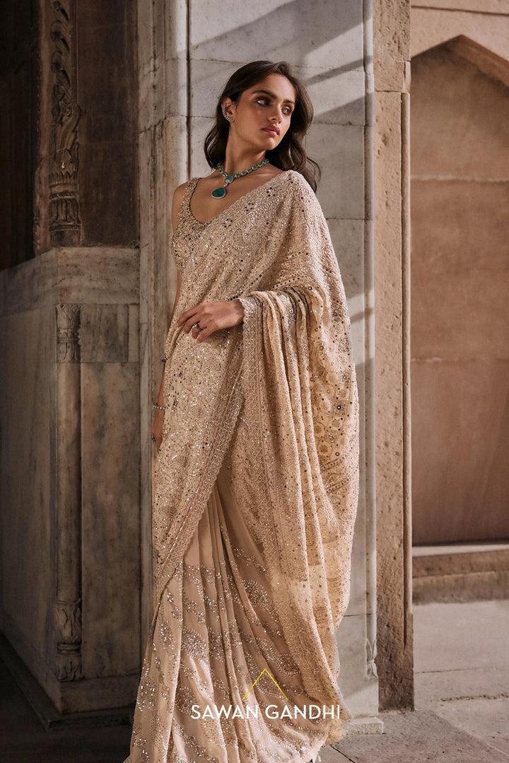 Ivory chikankari and sequin saree