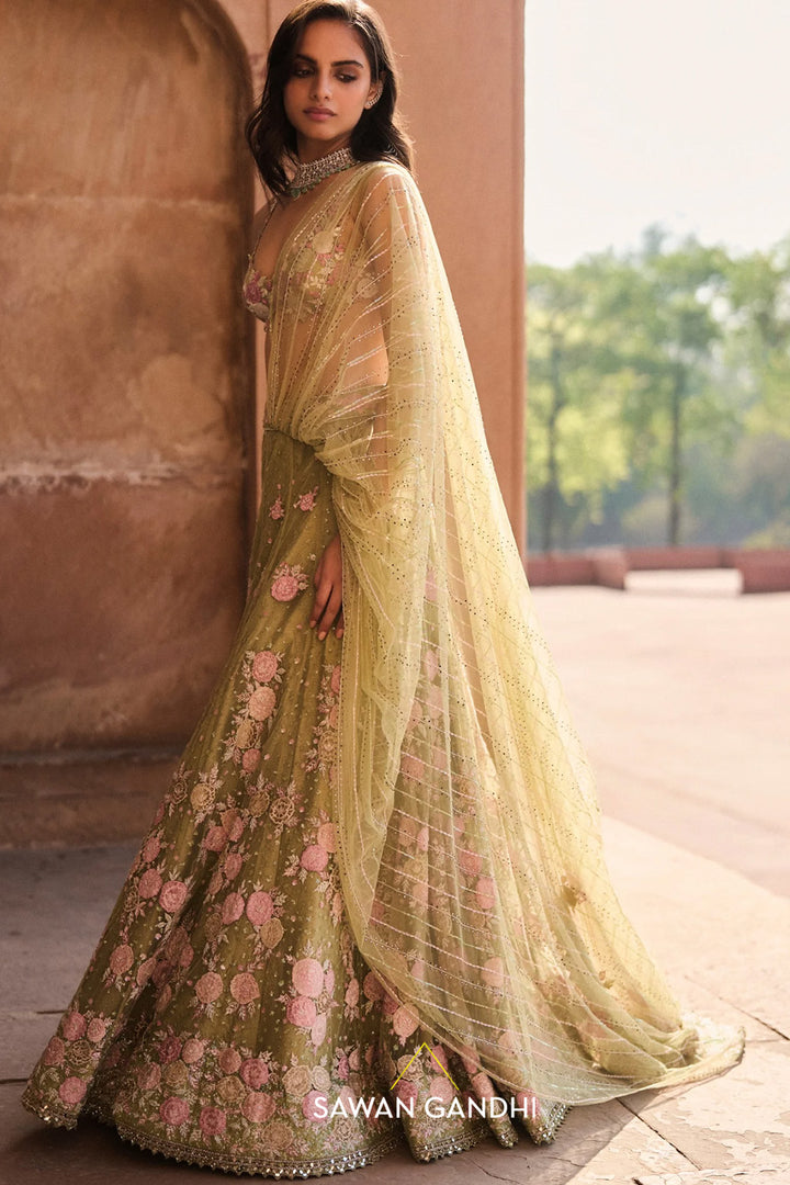 Pista Green Floral Applique Lehenga