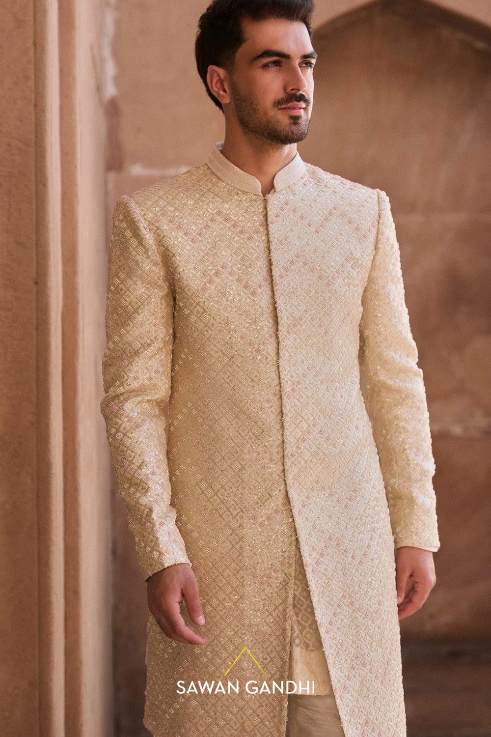 Ivory chevron sequins sherwani