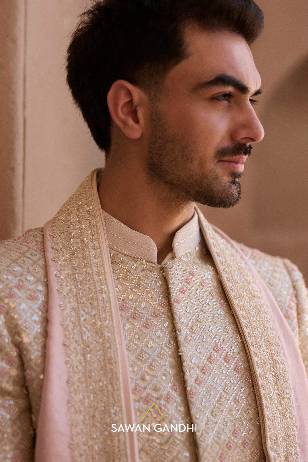 Ivory chevron sequins sherwani