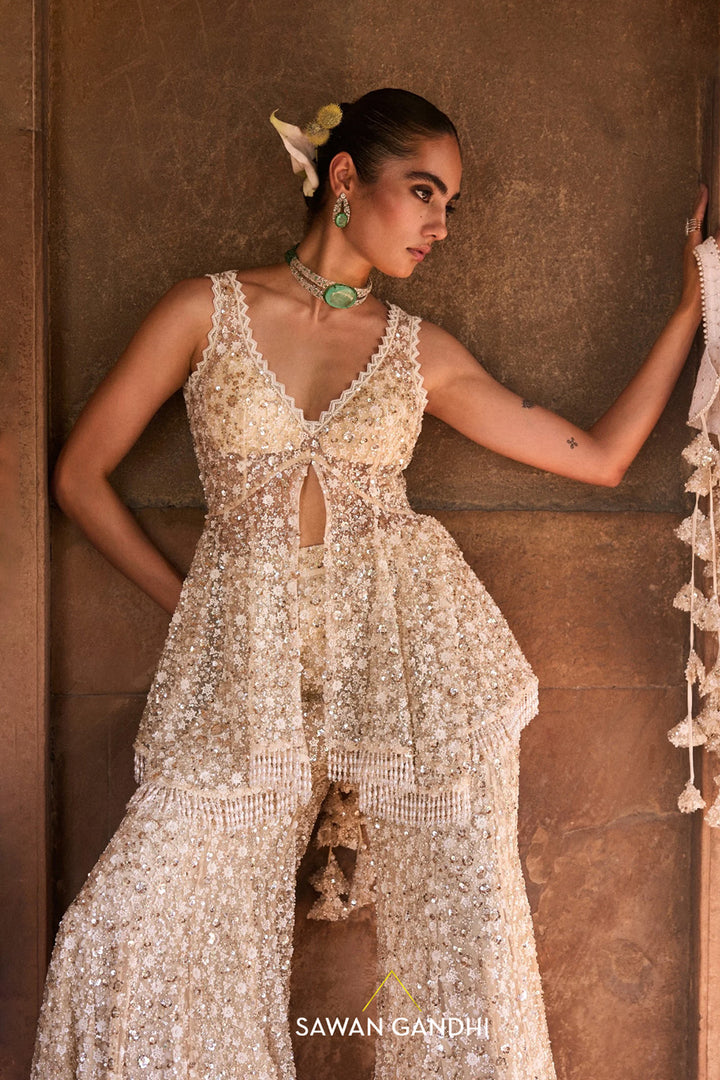 Ivory Cutdana And Sequins Peplum Set