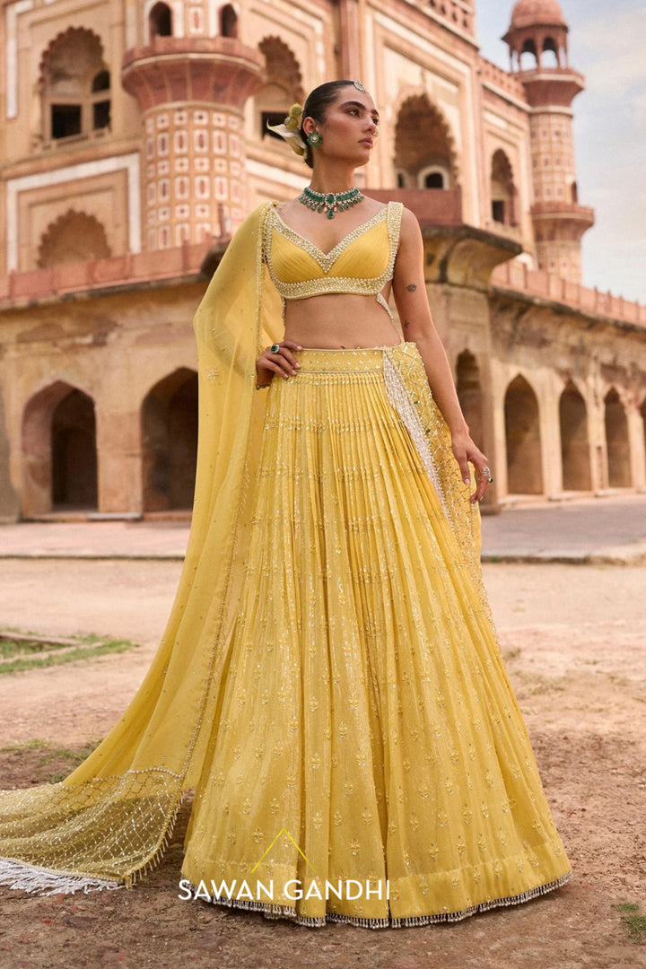 Yellow Paani Sequin Mirror Booti Lehenga