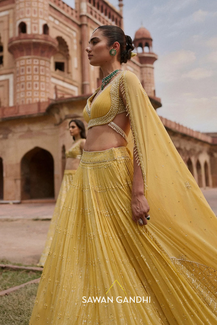 Yellow Paani Sequin Mirror Booti Lehenga