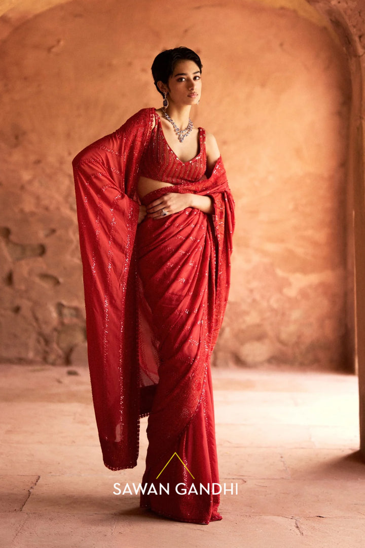 Orange Red Sequin Stripe Saree