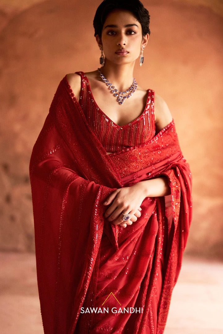 Orange Red Sequin Stripe Saree
