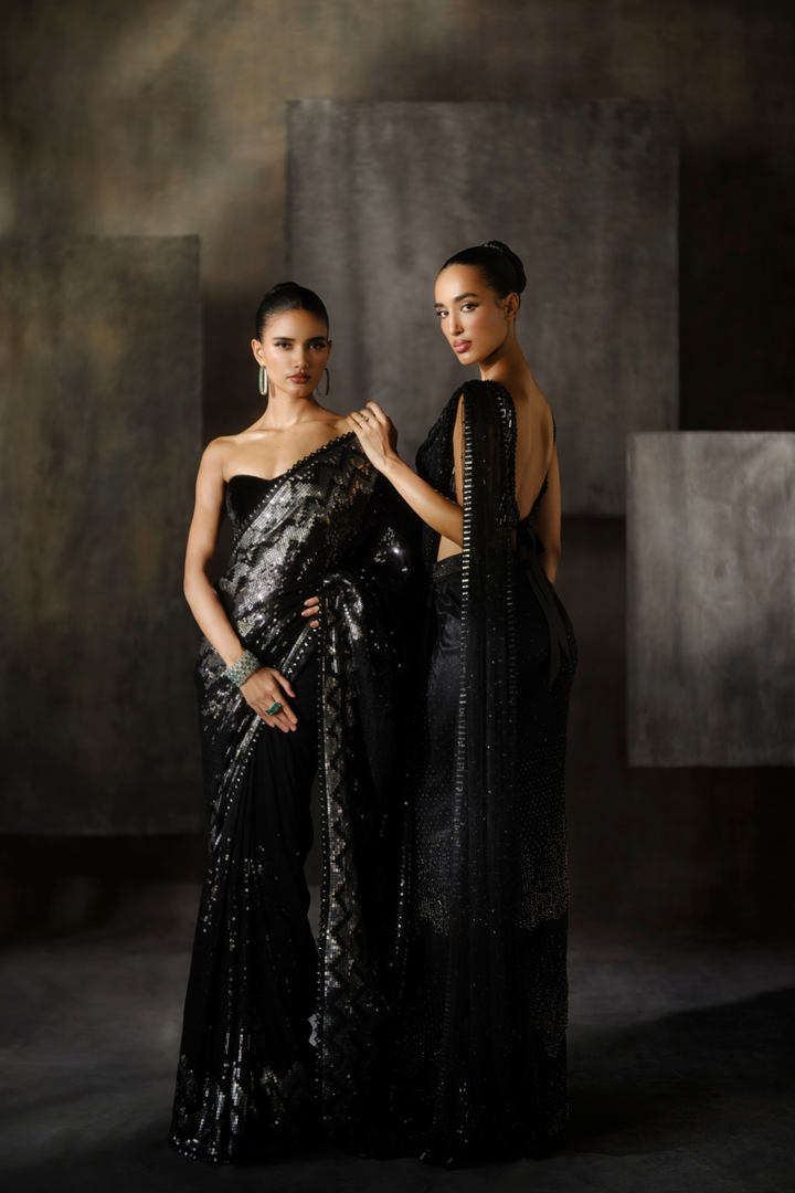 Black silver chevron sequins saree