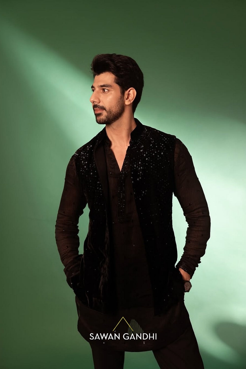 Pavail Gulati in Black Velvet Cutdana Nehru