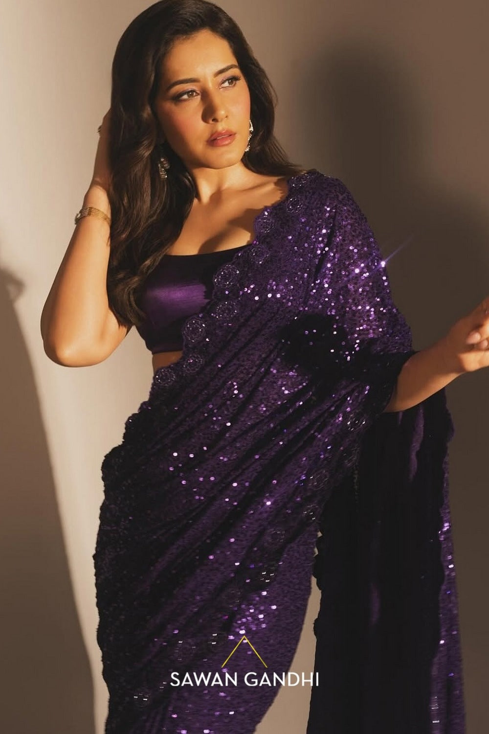 Rashi Khanna in Wine sequin saree with applique work