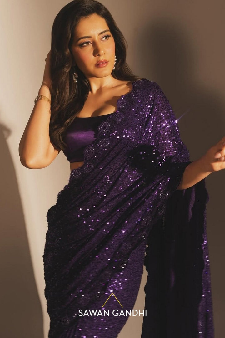 Rashi Khanna in Wine sequin saree with applique work
