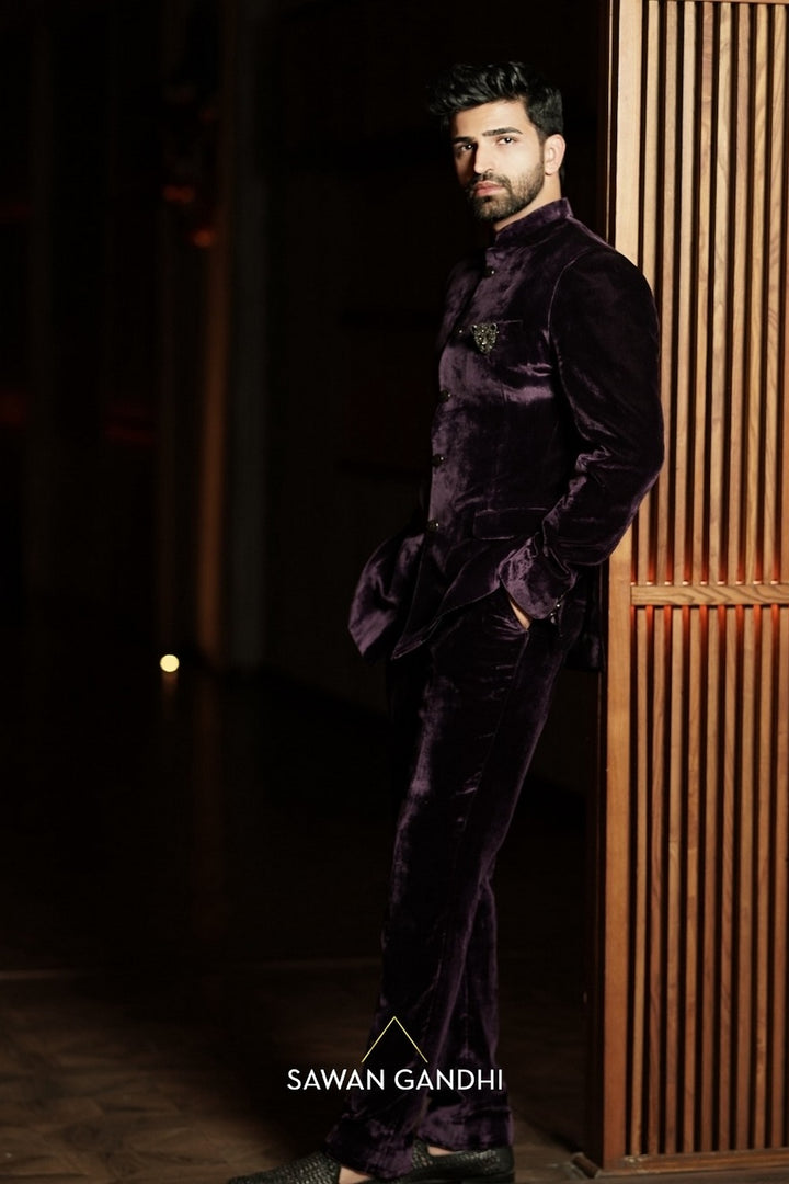 Ayaan Lal in Wine Velvet Bandhgala And Pants
