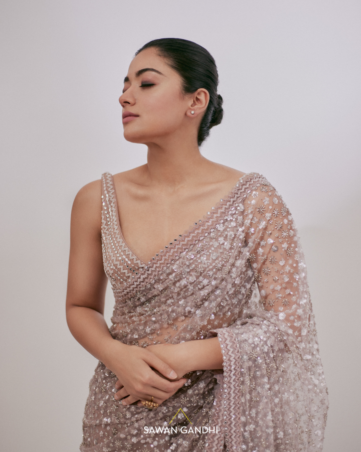 Rashmika Mandanna in Blush pink sequins and cutdana saree