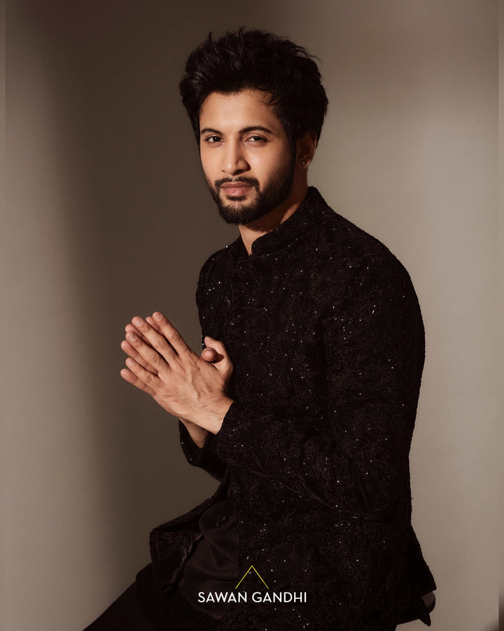 Rohit saraf in Black bandhgala with floral cutdana work