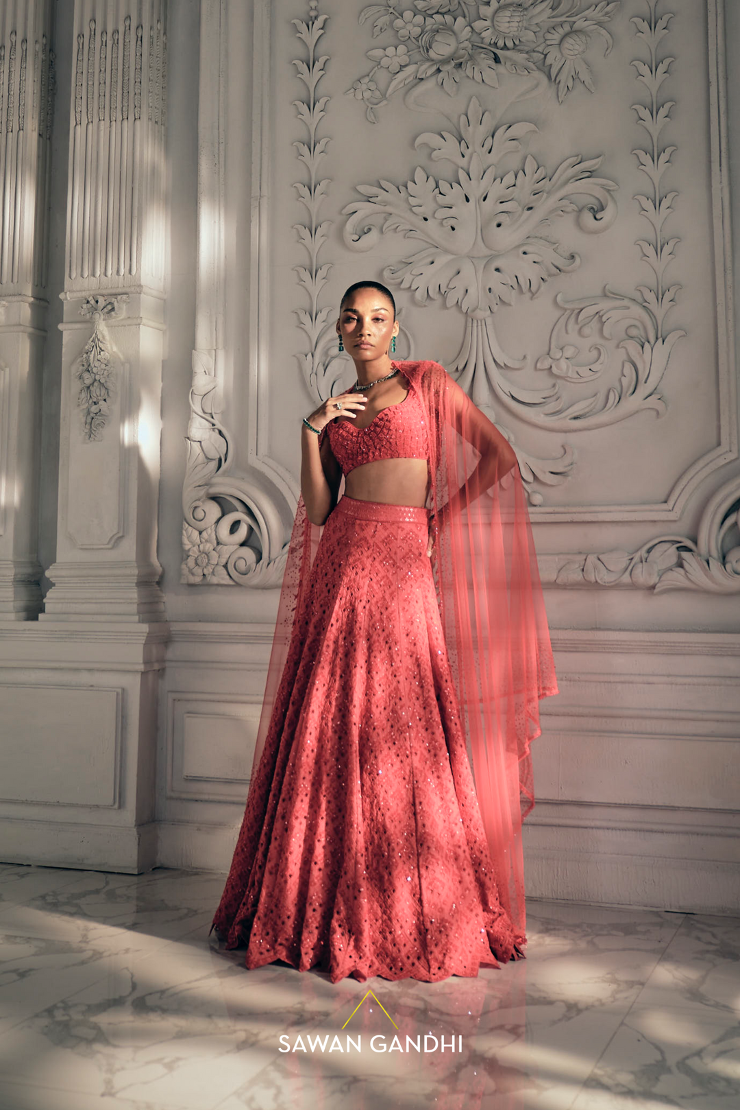 Red orange cutdana lehenga