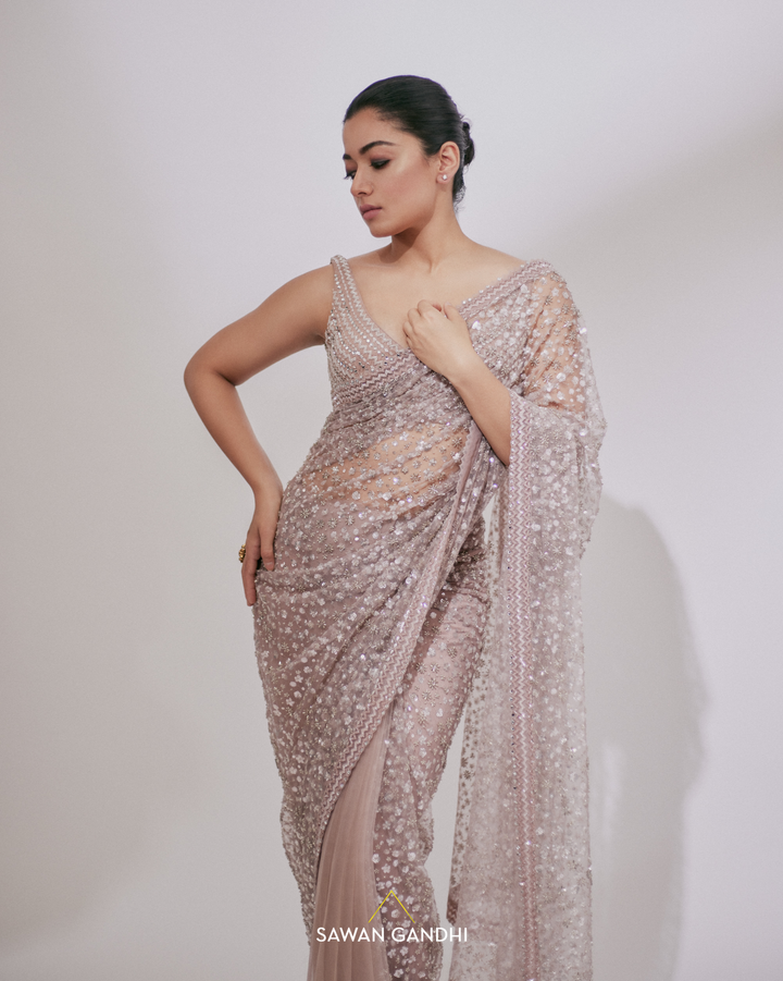 Rashmika Mandanna in Blush pink sequins and cutdana saree
